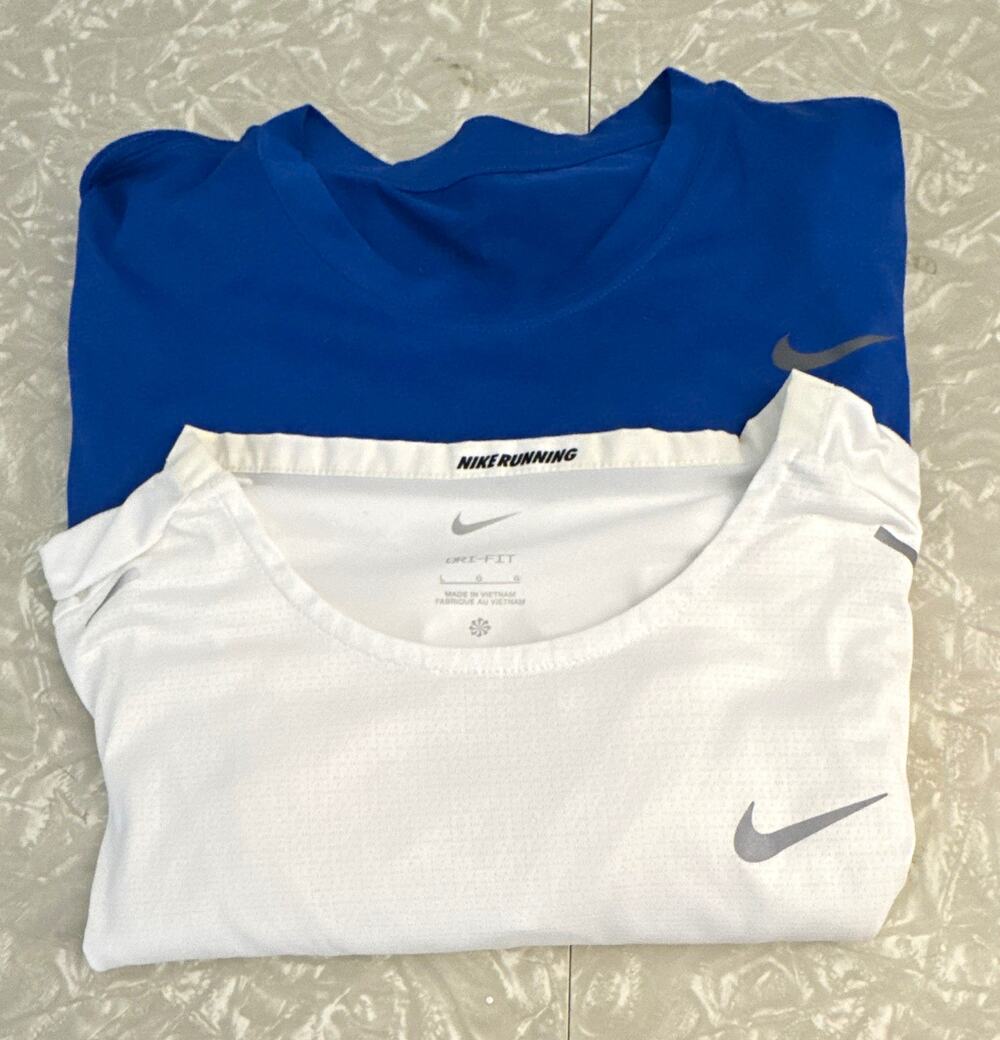 Nike Dri-FIT Men's L Lot of 2 White/Blue Crew Neck Mesh Logo Running Tee
